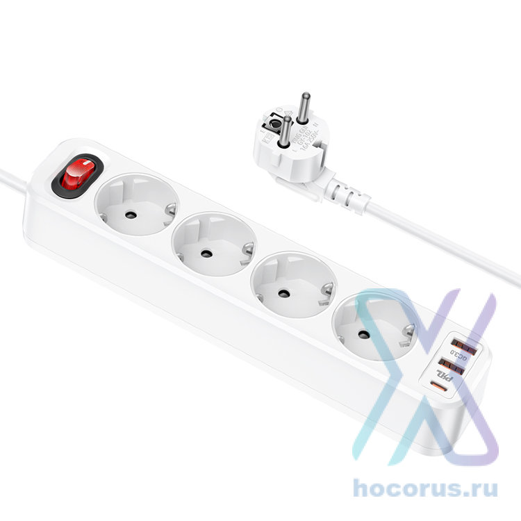 Сетевой фильтр HOCO NS1 Aura, 4 розетки + 2 USB + Type-C, белый 6931474760555 (МСК) оптом