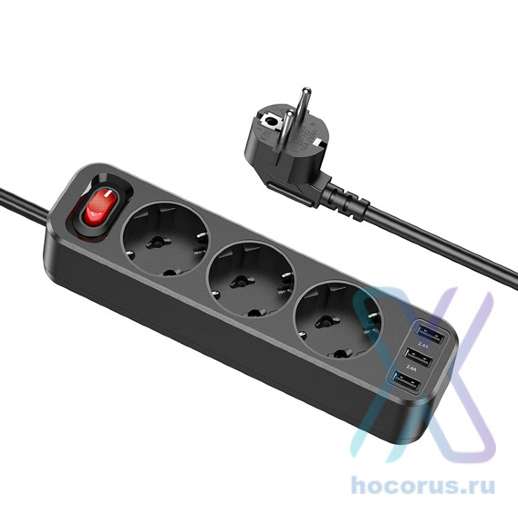Сетевой фильтр HOCO NS2, 3 розетки + 3 USB, черный 6931474765161 (МСК) оптом