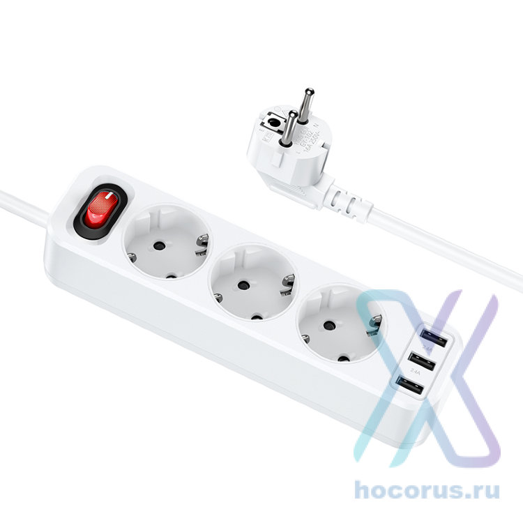 Сетевой фильтр HOCO NS2, 3 розетки + 3 USB, белый 6931474765178 (МСК) оптом
