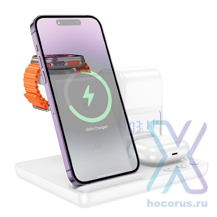 Беспроводное зарядное устройство HOCO CQ9 Crown 3-in-1, белый 6942007625586 (МСК) оптом