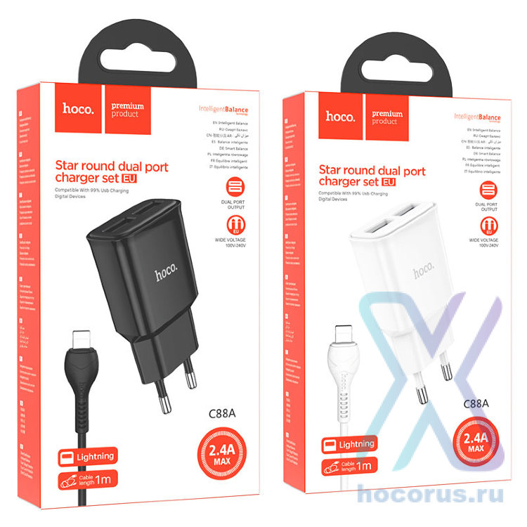 Зарядное устройство HOCO C88A Star 2*USB + Кабель USB-Lightning, 2.4A, черный 6931474749505 (МСК) оптом