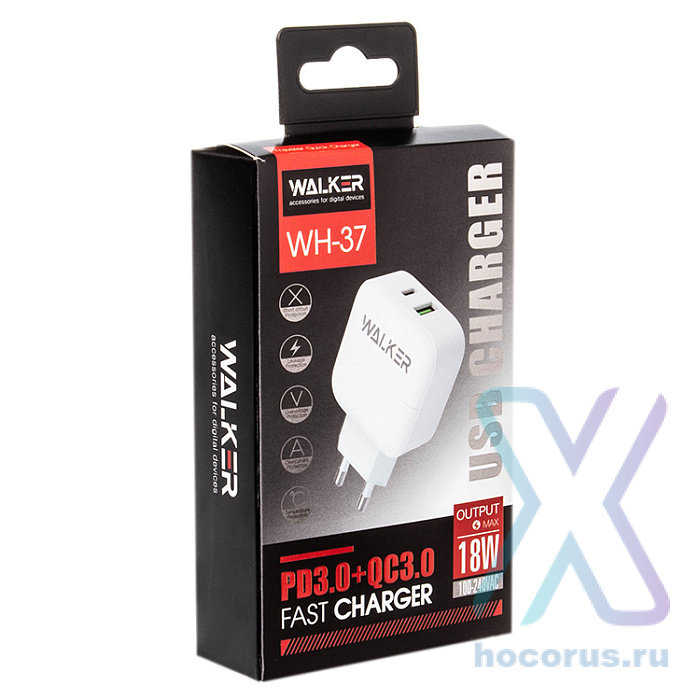 СЗУ WALKER WH-37, 3.4А, 18Вт, USBx1/Type-Cx1, быстрая зарядка QC 3.0+PD, блок, белое оптом