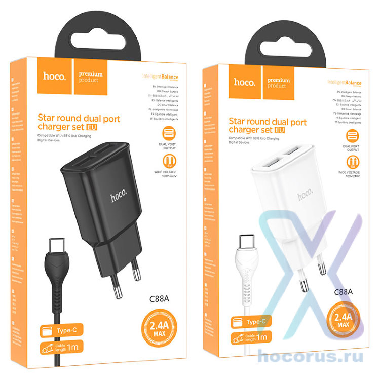 Зарядное устройство HOCO C88A Star 2*USB + Кабель USB-Type-C, 2.4A, черный 6931474749543 (МСК) оптом