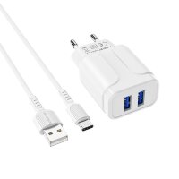 Зарядное устройство BOROFONE BA37A 2.4A 2USB + кабель Type-C White