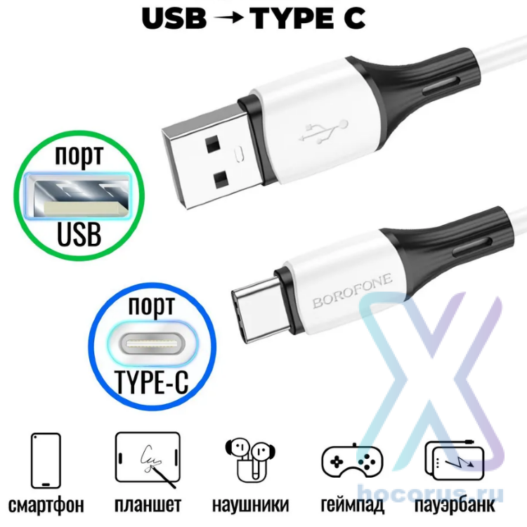 Кабель USB - Type-C BOROFONE BX79 1m силиконовый 3A white оптом