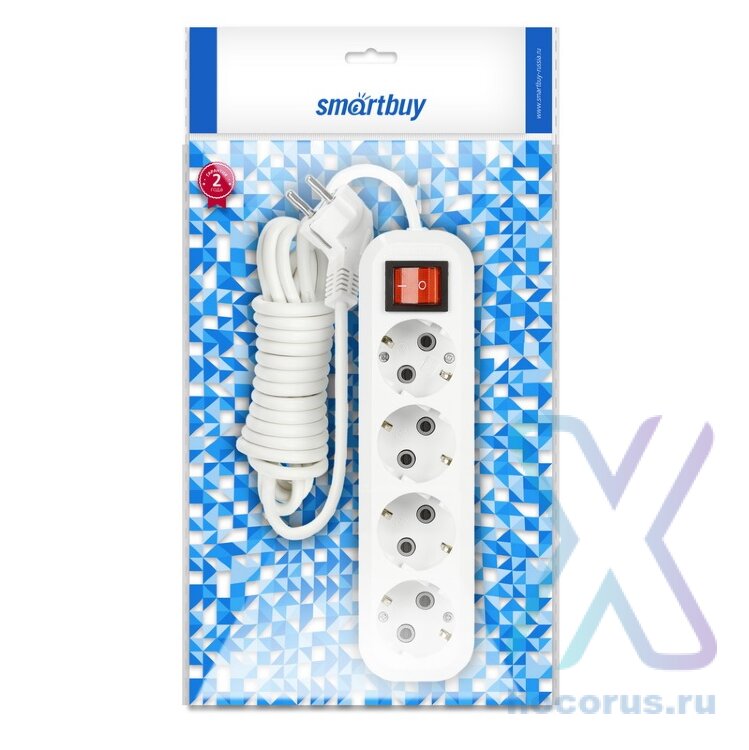 Удлинитель Smartbuy, 4 гнезда 2 метра 16А/3,5кВт с выкл. и заземлением ПВС 3х1,0 (SBE-16-4-02-ZS) оптом