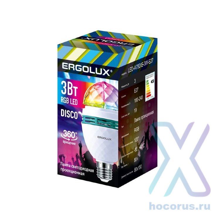 Лампа-проектор вращ. с переходником E27 3W RGB Disco Ergolux LED-A75DIS-3W-E27 оптом