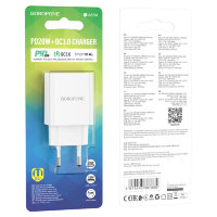 Зарядное устройство BOROFONE BA69A USB+Type-C, 20W, белый 6974443387865 (МСК)