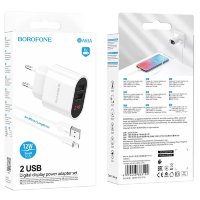 Зарядное устройство BOROFONE BA63A 2USB дисплей + кабель microUSB White