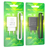Зарядное устройство BOROFONE BA71A USB-C + Кабель Type-C-Lightning, 20W, черный 6974443387971 (МСК)