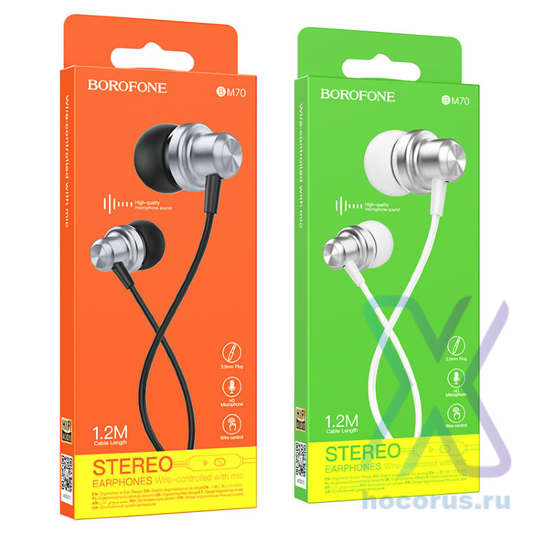 Проводные наушники BOROFONE BM70 Rich, Jack 3.5mm, 1.2 м, серебристый, контроллер с микрофоном 6974443385489 (МСК) оптом
