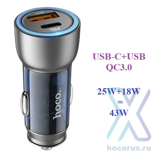 Автомобильное зарядное устройство HOCO NZ8 Sprinter, USB+Type-C, 43W, синий 6931474782717 (МСК) оптом