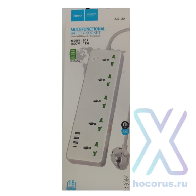 Фильтр сетевой Hoco AC13A USB-C+USB-A х3+Socket x5/ AC 250v 2500W DC 17W 1.5m оптом