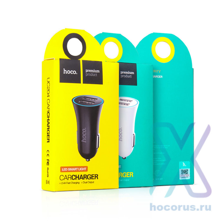 Автомобильное зарядное устройство HOCO UC204, 2*USB, 2.4A, черный 6957531017295 (МСК) оптом