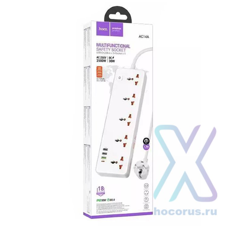 Фильтр сетевой Hoco AC14A USB-C+USB-A х3+Socket x5/ AC 250v 2500W DC 30W 1.5m оптом