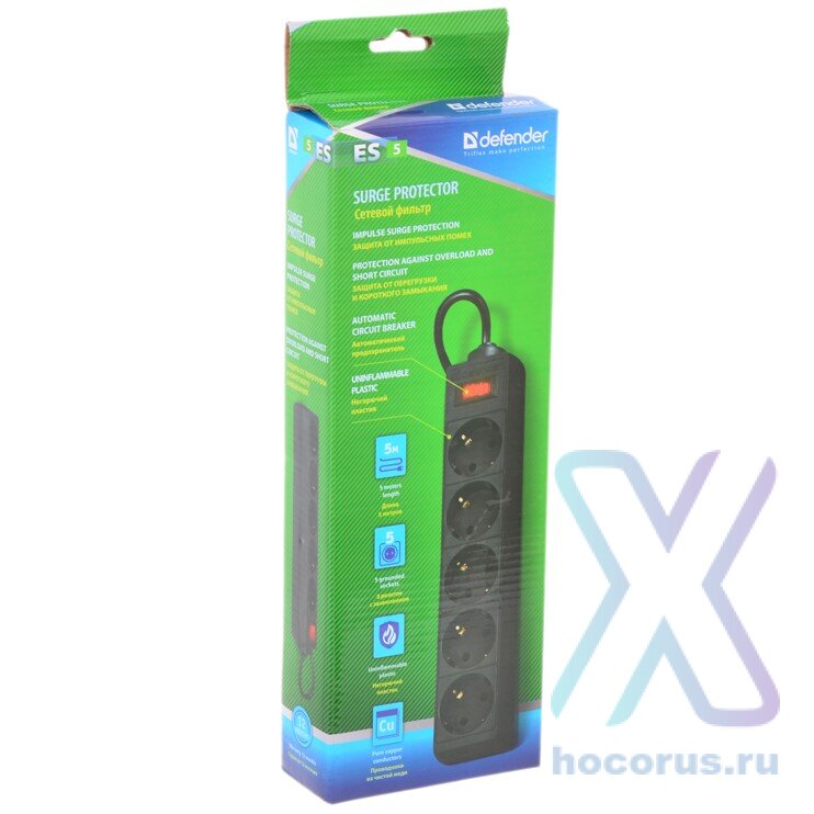 Фильтр сетевой Defender ES, 5,0 м Black (5 розеток) оптом