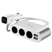 Автомобильное зарядное устройство HOCO Z13 LCD one-pull-three, 2*USB+выход прикуривателя, 2.1A, 24 Вт, серебристый 6957531050896 (МСК)