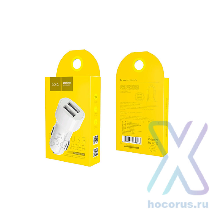 Автомобильное зарядное устройство HOCO Z2A, 2*USB, 2.4A, белый 6957531069546 (МСК) оптом