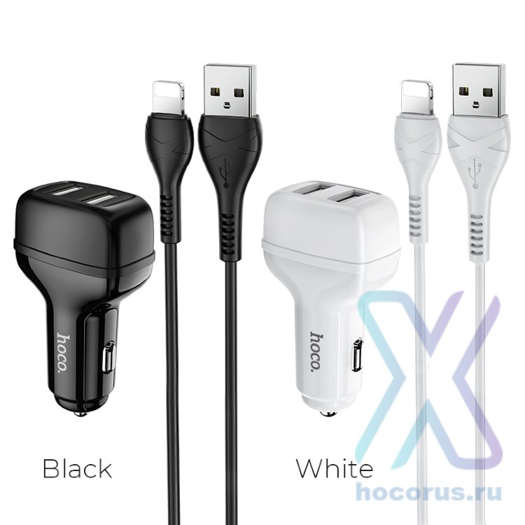 Автомобильное зарядное устройство HOCO Z36 Leader, 2*USB + Кабель USB-Lightning, 2.4A, черный 6931474727732 (МСК) оптом