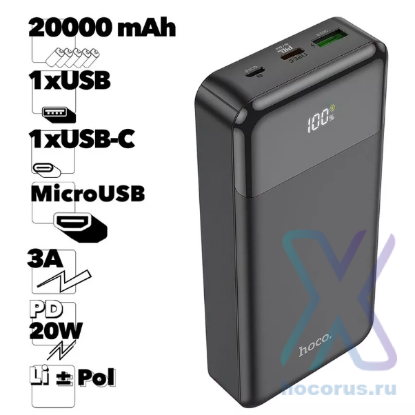 Портативный аккумулятор HOCO J102A Cool, 3A, 20000 мА⋅ч, черный 6931474783622 (МСК) оптом