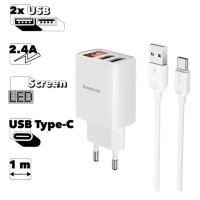 Зарядное устройство BOROFONE BA58A Mighty 2*USB + Кабель USB-Type-C, 2.4A, белый, дисплей 6931474749154 (МСК)