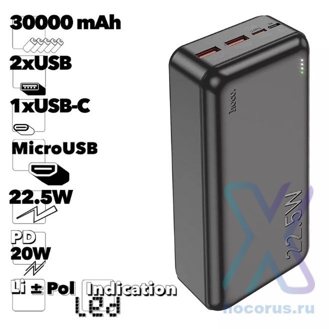 Портативный аккумулятор HOCO J101B Astute, 3A, 30000 мА⋅ч, черный, светодиодный индикатор 6931474782519 (МСК) оптом