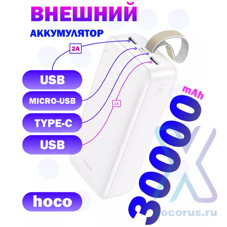 Портативный аккумулятор HOCO J111B Smart, 2A, 30000 мА⋅ч, белый 6931474795793 (МСК) оптом