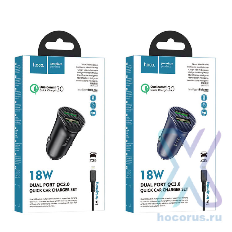 Автомобильное зарядное устройство HOCO Z39 Farsighted, 2*USB + Кабель USB-Lightning, черный 6931474735041 (МСК) оптом