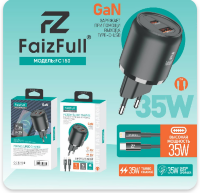 СЗУ FaizFull FC150 GaN PD35W+TC35W 3A Type-C+USB + кабель Type-C-Type-C,Черн