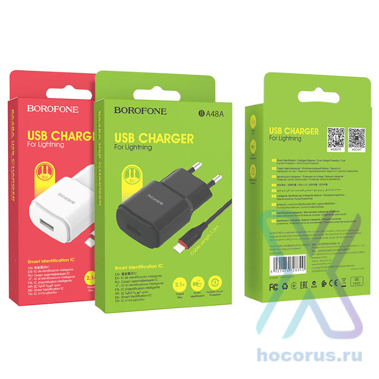 Зарядное устройство BOROFONE BA48A Orion USB + Кабель USB-Lightning, 2.1A, черный 6931474728340 (МСК) оптом