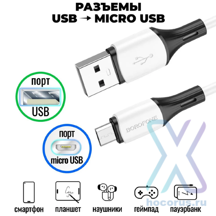 Кабель USB - microUSB BOROFONE BX79 1 m силиконовый White оптом