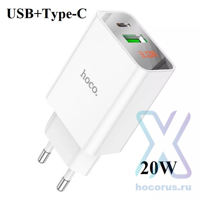 Зарядное устройство HOCO C100A USB+Type-C, 20W, белый 6931474769800 (МСК) оптом