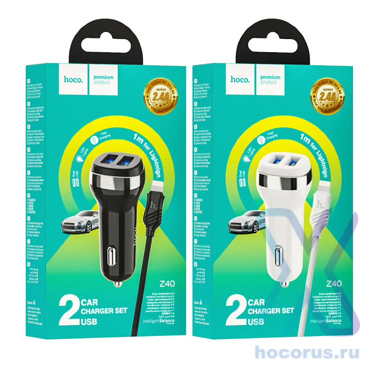 Автомобильное зарядное устройство HOCO Z40 Superior, 2*USB + Кабель USB-Lightning, 2.4A, черный 6931474739674 (МСК) оптом