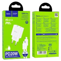 Зарядное устройство HOCO C80A Plus USB+Type-C + Кабель Type-C-Lightning, 3.0A, 20W, белый 6931474779892 (МСК)