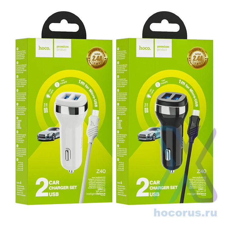Автомобильное зарядное устройство HOCO Z40 Superior, 2*USB + Кабель USB-Micro, 2.4A, белый 6931474739704 (МСК) оптом