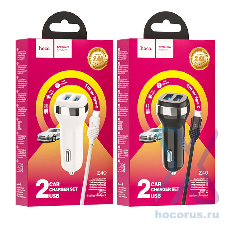 Автомобильное зарядное устройство HOCO Z40 Superior, 2*USB + Кабель USB-Type-C, 2.4A, белый 6931474739728 (МСК) оптом