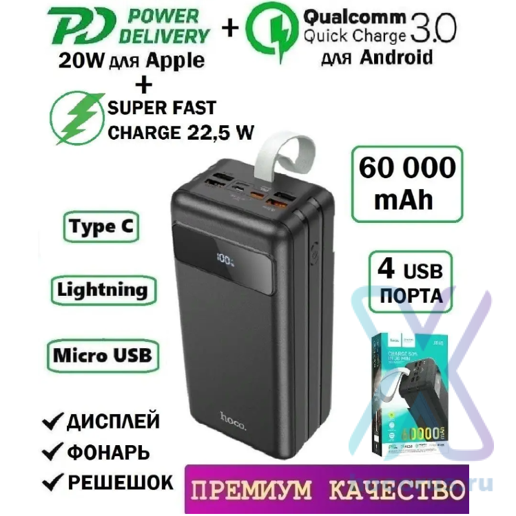 Портативный аккумулятор HOCO J86B Electric, 3A, 60000 мА⋅ч, черный, светодиодный цифровой дисплей 6931474771742 (МСК) оптом