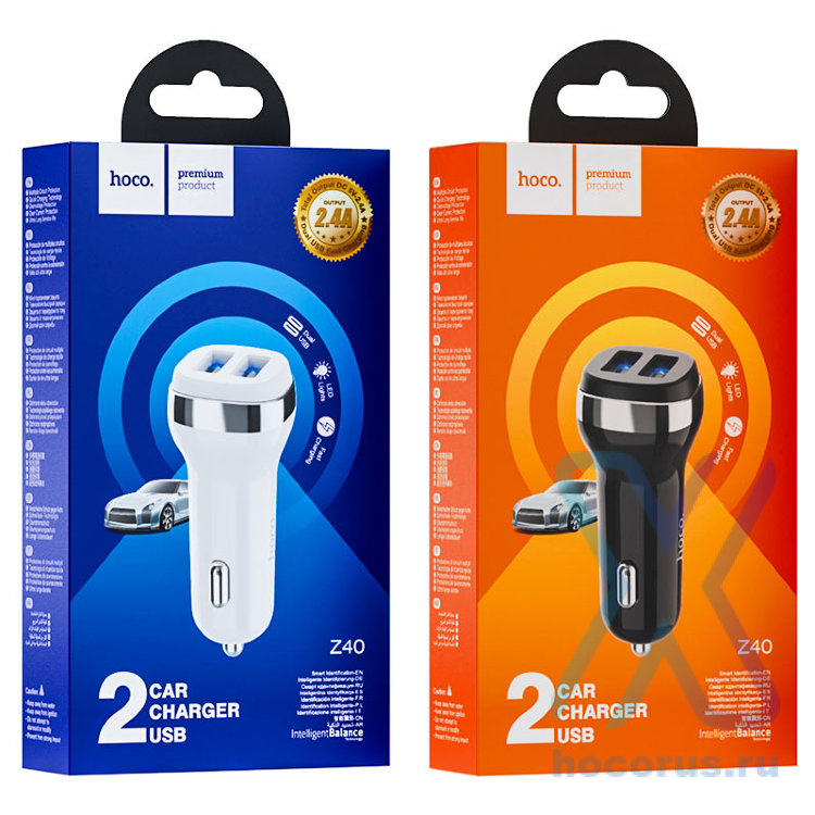Автомобильное зарядное устройство HOCO Z40 Superior, 2*USB, 2.4A, белый 6931474739667 (МСК) оптом
