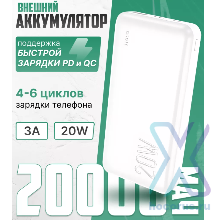 Портативный аккумулятор HOCO J87A Tacker PD20W+QC3.0, 3A, 20000 мА⋅ч, белый, светодиодный индикатор 6931474761040 (МСК) оптом