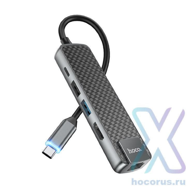 Переходник HOCO HB23 Easy view, Type-C - HDMI+USB3.0+USB2.0+RJ45+PD, серый металлик 6931474759337 (МСК) оптом