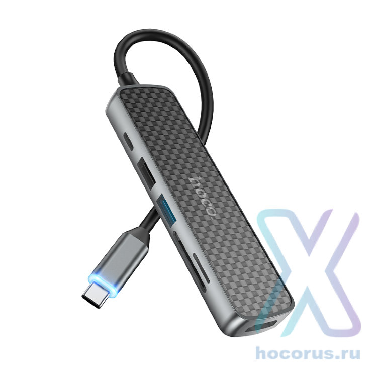 Переходник HOCO HB24 Easy, Type-C - HDMI+USB3.0+USB2.0+SD+TF+PD, серый металлик 6931474759344 (МСК) оптом