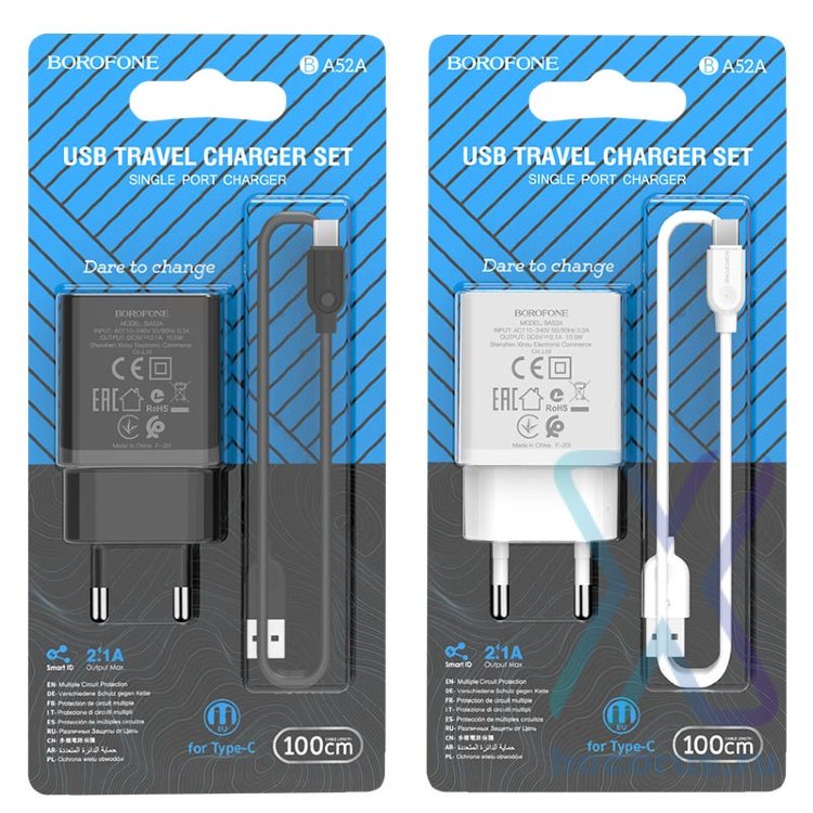 Зарядное устройство BOROFONE BA52A Gamble USB + Кабель USB-Type-C, 2.1A, черный 6931474737366 (МСК) оптом